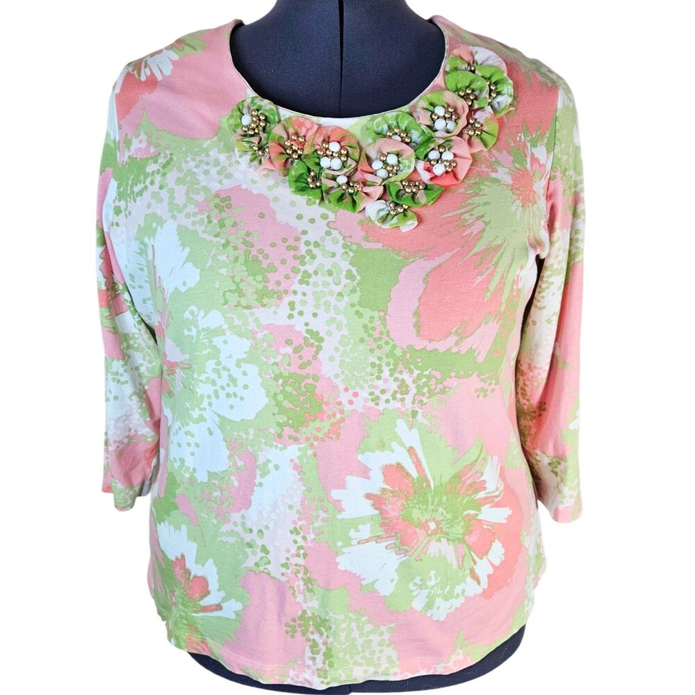 Ruby Rd Embellished Floral Top Womens 1X Spring Beaded Artsy Eclectic 3/4 Sleeve